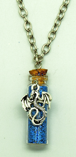 Dragon on Blue Glitter Bottle Necklace